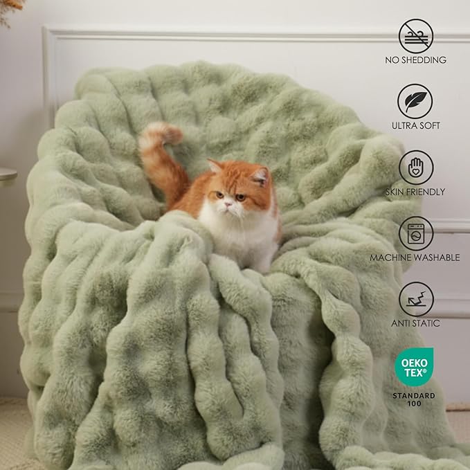 Super Comfort Oversized Warm Thick Bubble Luxury Plush Rabbit Faux Fur Throw Blanket, Fluffy Blanket,Soft Cozy Blanket for Couch Chair Bed Sofa Living Room (Sage Green, 60inX80in)