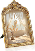 YUSONG Vintage Makeup Mirror for Tabletop - 8" Antique Gold Arched Desk Mirrors with Resin Frame Vanity Table Mirror for Bedroom Living Room Retro Decor