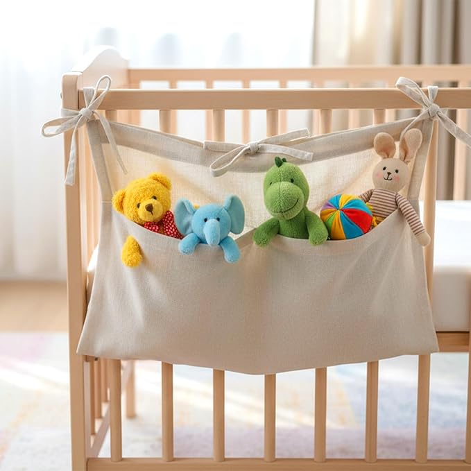 Linen Baby Bedside Hanging Storage Bag, Oatmeal 2 Pockets Milk Bottle Bib-Storage Crib Organizer Nursery Baby Nappy-Bag for Cribs Toys
