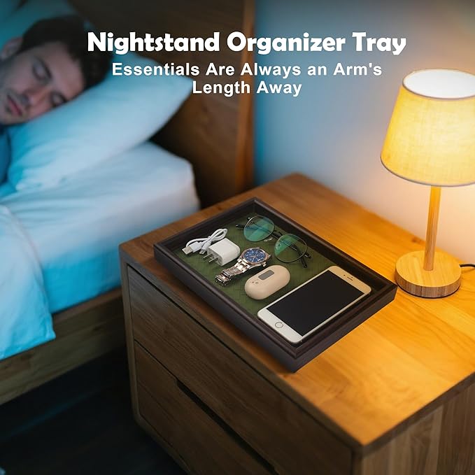Zosenley Wooden Valet Tray with Leather Base - Nightstand Catchall Organizer for Cologne, Perfume, Keys, Wallet, Phone, Watch, Jewelry & Sunglasses (2Pcs Green)