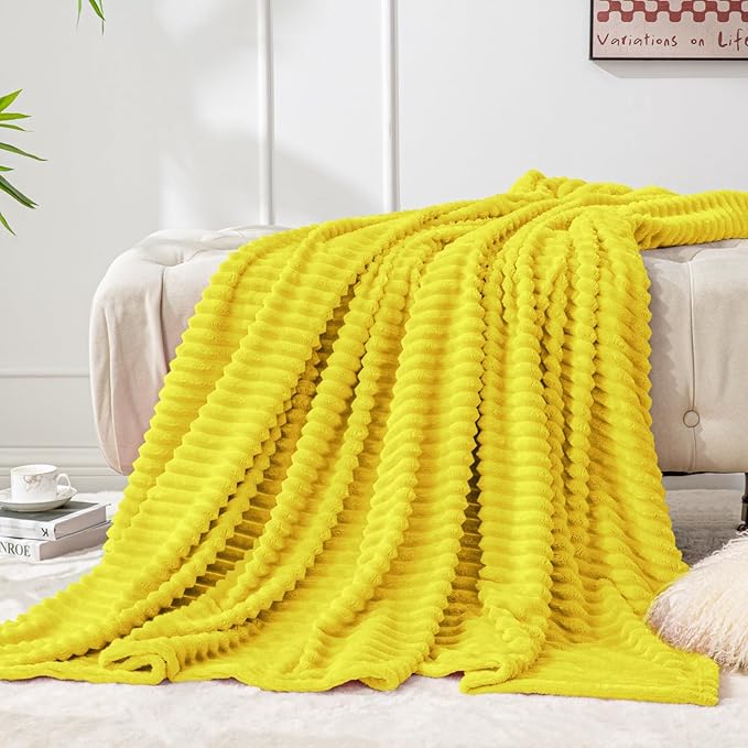 BEDELITE Fleece Throw Blanket for Couch – 3D Ribbed Jacquard Soft and Warm Decorative Fuzzy Blanket – Cozy, Fluffy, Plush Lightweight Yellow Throw Blankets for Bed, Sofa, 50x60 inches
