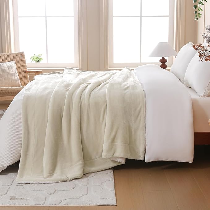 SOCHOW Sherpa Fleece Throw Blanket, Double-Sided Super Soft Luxurious Plush Blanket Twin Size, Linen, 60x80 inches