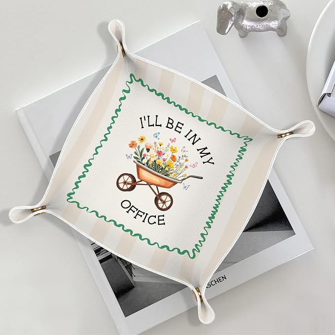 Gardening Gifts for Women Jewelry Valet Tray, PU Leather Catchall Beside Caddy Nightstand Organizer Tray for Jewelry Rings Watches Keys and Accessories, 7.87x7.87in