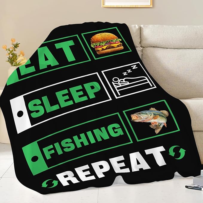 Fishing Blanket for Girls Women Boys Men Adults Kids Soft Cozy Fleece Eat Sleep Fish Hamburger Throw Blankets Fisherman Gifts Warm Flannel Plush Lightweight Decor for Couch Bed Sofa 50"X40"