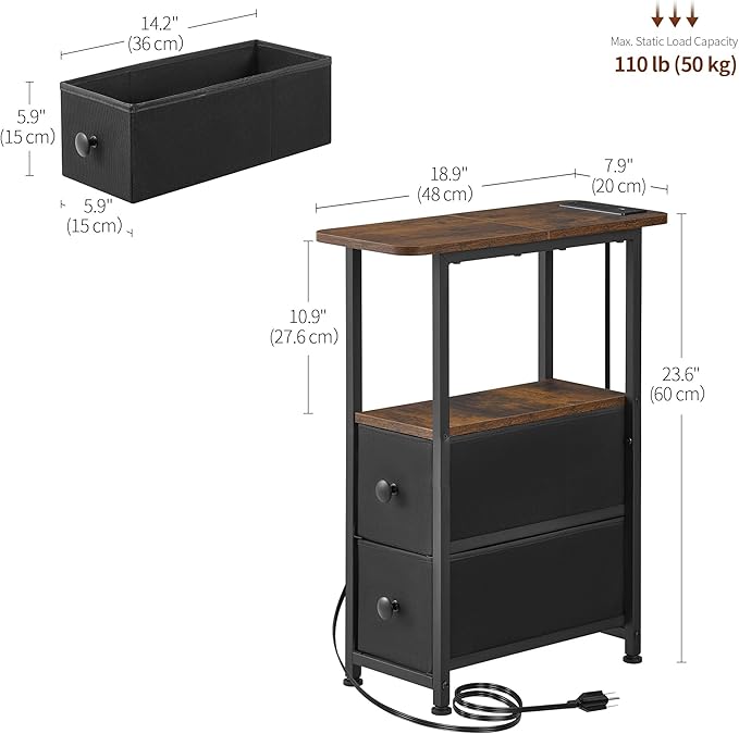 Narrow End Table with Charging Station, Narrow Side Table with Drawer, Small Nightstand with LED Light, Skinny Nightstand, Small Bedside Table for Living Room, Bedroom, Couch, Rustic Brown