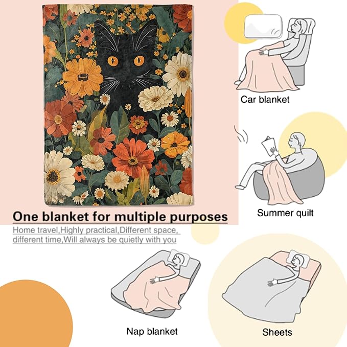 Black Cat Blanket Cute Orange Eyes Kitten Surrounded by Autumn Flowers Throw Blankets Lightweight Flannel Throws for Camping Couch Chair Office Home Decor Gifts for Pet Lover,50x40inch