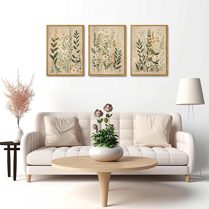 Wodkwq 3 Piece Vintage Floral Canvas Wall Art Framed,Large Wildflower Wall Decor，Neutral Farmhouse Botanical Daisy Wall Painting,Modern Floral Art Prints For Living Room,Bedroom,Office 16x24in