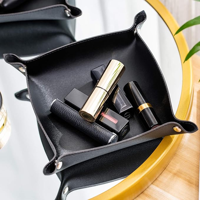 SANQIANWAN Leather Jewelry Valet Tray for Women and Man, Portable Entryway Table Tray Bedside Nightstand Desk Tray Small Catchall Travel Dish Plate for Key,Wallet,Watch,Coin (2PCs Black-B)