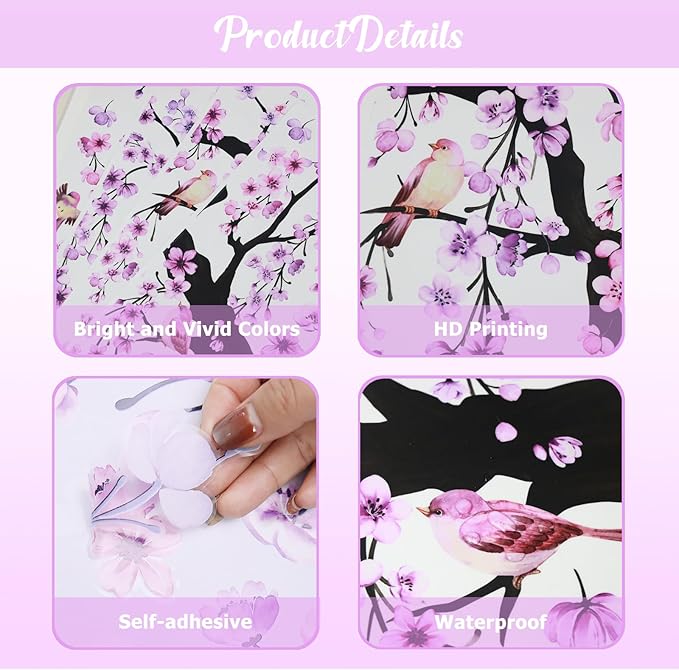 Lilac Wall Decoration Large Cherry Blossom Tree Wall Stickers, 4 Sheets Spring Purple Flower Bird Wall Decals Peel and Stick Wall Murals Decor for Living Room Bedroom (Purple, 11.8 * 35.4inch)