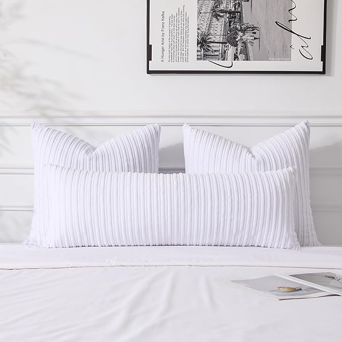 UGASA 14x36 Inch Pillow Cover Pack of 1 Soft Boho Stripe Corduroy Large Long Rectangular Lumbar Cushion Cover Farmhouse Decorative Throw Pillowcase for Bed Couch Sofa Bedroom Living Room, Pure White