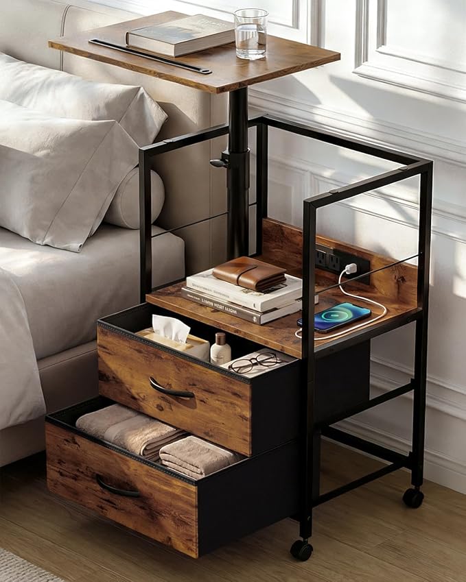 360° Swivel Nightstand with Height Adjustable, Lift Top Bedside Table with Charging Station, Rolling Night Stand with 2 Fabric Drawers, End Table with Wheels, for Bedroom, Living Room, Rustic Brown