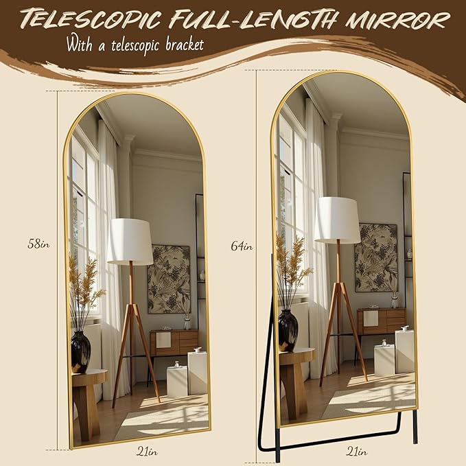 Antok Full Length Floor Mirror Arched Standing Mirror with Aluminum Frame - Freestanding Wall Mount Leaning Body Mirror for Bedroom Living Room Entryway, 64" L x 21" W, Gold
