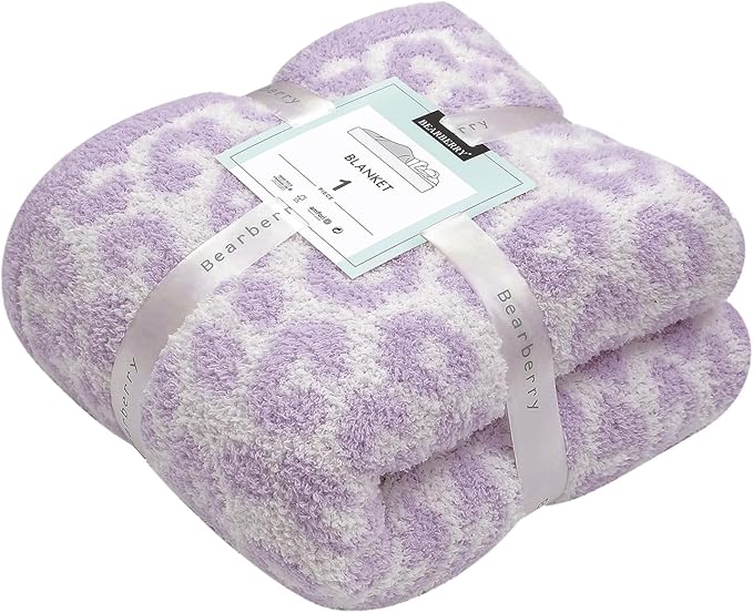 bearberry Fuzzy Leopard Knitted Throw Blanket Soft Cozy Warm Microfiber Blanket for Couch Sofa Bed Travel (Purple/Cream, 40"x50")