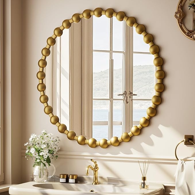 Round Mirror for Wall, 28 Inch Gold Beaded Frame Decorative Vanity Mirror, Circle Bathroom Mirror with High-Definition Lense, Modern Wall Decor for Bathroom, Living Room, Bedroom, Entryway