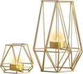 2 Pcs Metal Hexagon Shaped Geometric Design Tea Light Votive Candle Holders, Iron Hollow Tealight Candle Holders for Vintage Wedding Home Decoration, Gold (S + L)