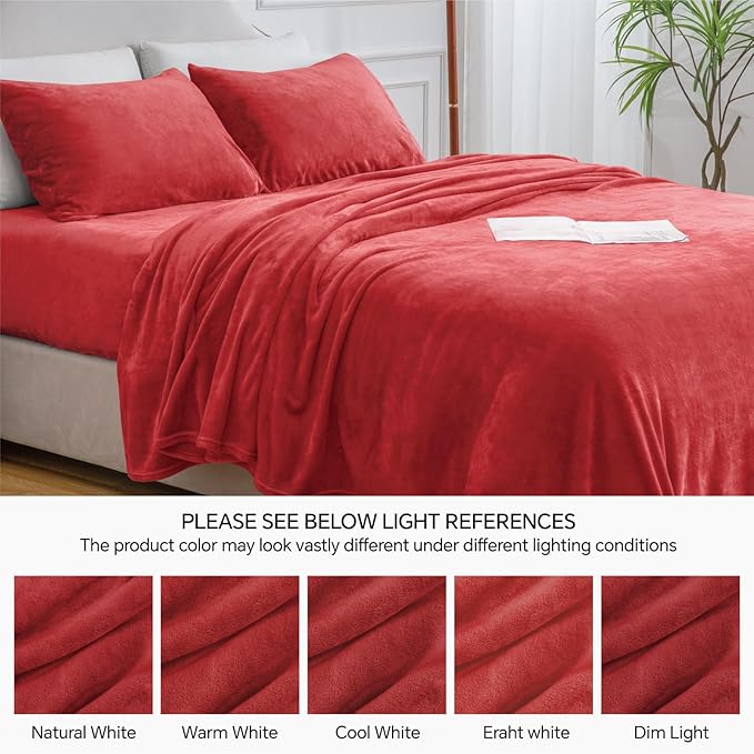 BEDELITE Flannel Sheets Full Size Red - Super Soft Fleece Sheets Set Fluffy Extra Plush, 4 Piece(Include Fitted Sheet, Flat Sheet, 2 Pillowcases)