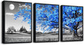 Black Framed Wall Art for Living Room & Bedroom - Blue Tree Wall Paintings, Modern Home Decor - 12"X16" Set of 3 Piece Framed Art Prints