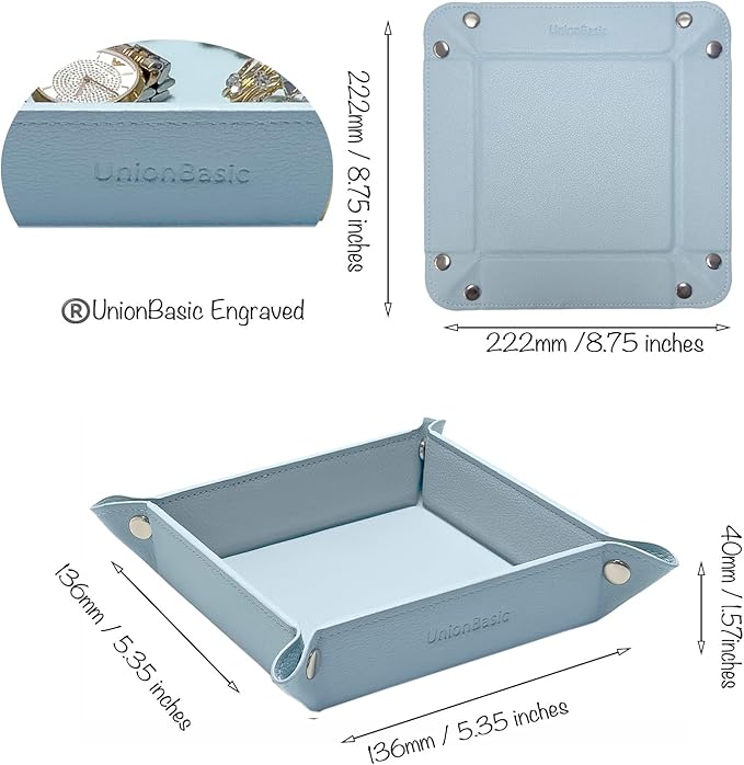 UnionBasic Small Jewelry Tray for Rings Watches Earrings, Entryway Catchall Caddy for Coins Keys Change, Nightstand Bedside Valet Holder, Trays for Electronic Gadgets, Lychee Pale Blue