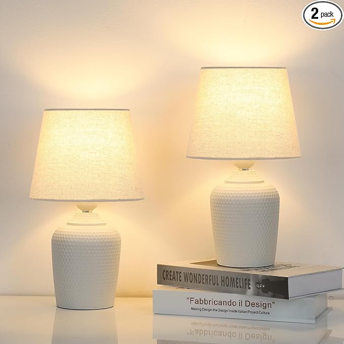 Sucolite Small 11.8'' Table Lamps Set of 2, Bedside Nightstand Lamps for Bedroom Kid’s Room, Cute Desk Lamps with Studded Texture Base for Reading Nursery Living Room Office, White & Beige