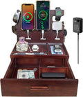Wood Phone Docking Station with Drawer 4 USB Nightstand Organizer Charging Station with QC 3.0 & PD USB C Fast Charger for iPhone Android Mens Jewelry Box Anniversary Birthday Gifts for Men
