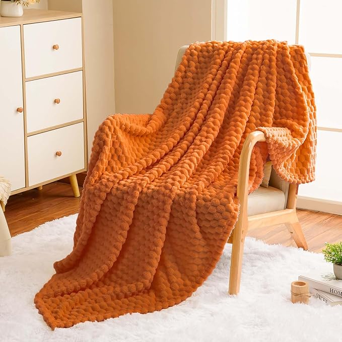 Vessia Flannel Fleece Throw Blanket(50x70 inch), 3D Jacquard Burnt Orange Fuzzy and Warm Blanket for Couch,Sofa,Bed,Chair, 300GSM Super Soft Touch Cozy Lightweight Throw for All-Season Home Decor