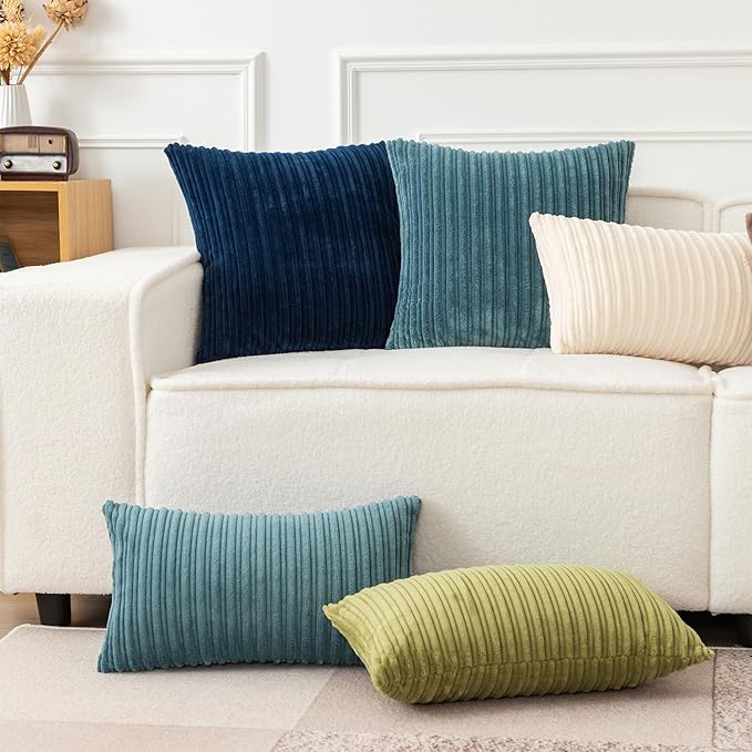UGASA Velvet 12x20 Inch Lumbar Soft Throw Pillow Covers Decorative Corduroy Striped Both Sides Solid Rectangular Cushion Cases Boho Farmhouse for Couch Bedroom Sofa Home, Pack of 2, Blue Grey