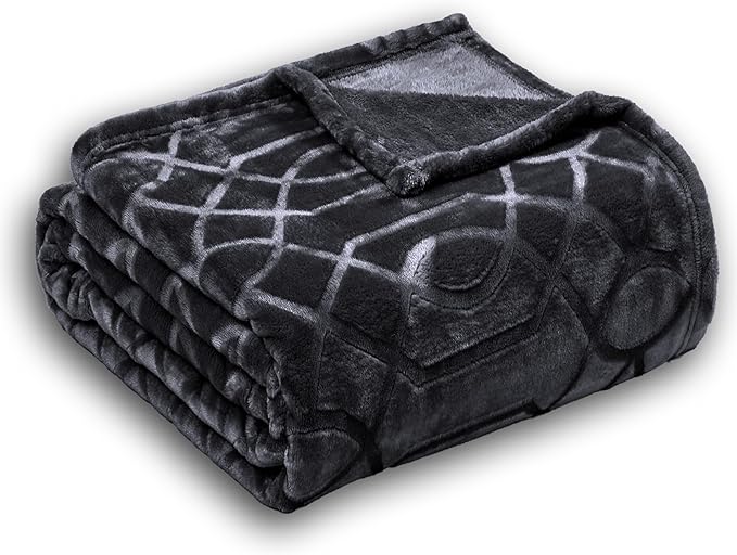 Soft Cozy Fleece Queen Size Blanket, 90x90 Inches – Lightweight Plush Blanket for Bed, Fuzzy 3D Jacquard Design - Dark Grey