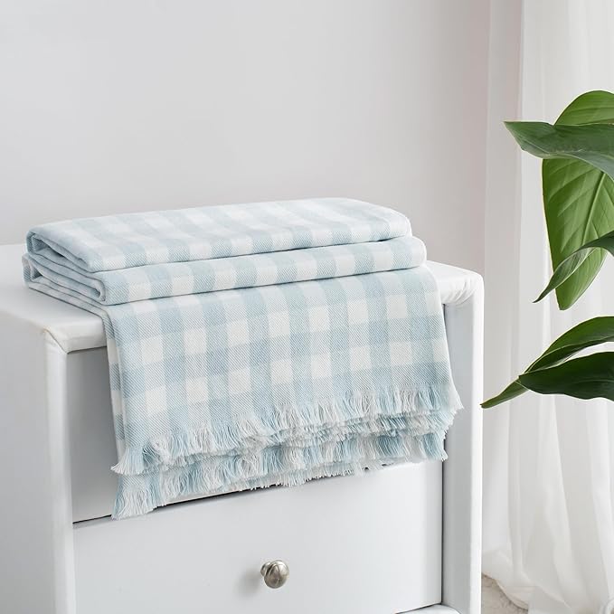 100% Cotton Throw Blanket Plaid Soft Lightweight Cozy Farmhouse Tassels Summer Thin Breathable Throws for Couch Sofa Bed (50" × 60" Blue)
