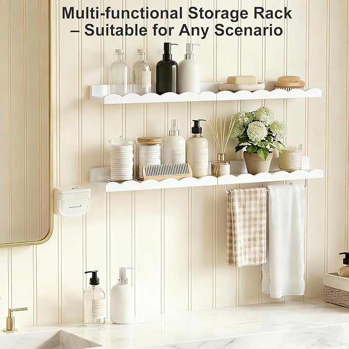 Fixwal Nursery Shelves, 16.5 Inch Floating Bookshelves for Wall Set of 4, Scalloped Wall Book Shelves with Towel Rack for Kids, Toddler Room, Baby Room, Nursery Decor and Storage(White)
