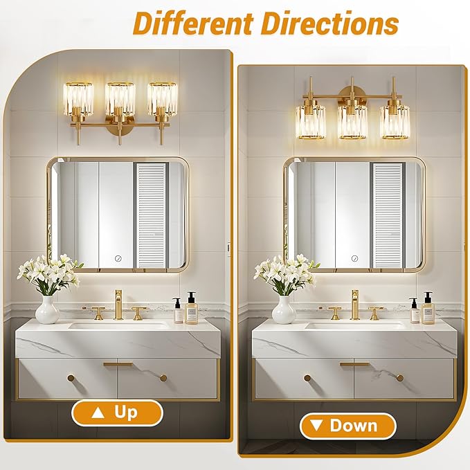 Bathroom Lighting Fixtures, 3 Light Gold Bathroom Light Fixtures with Clear Shades Modern Crystal Vanity Light Bath Room Vanity Lighting Over Mirror Wall Light