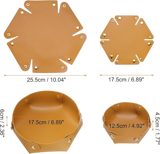 HARFINGTON 2pcs PU Leather Valet Tray Unisex Valet Tray Folding Round Catchall Tray Portable Entryway Table Tray Nightstand Bedside Desk Tray for Key Watch Coin Jewelry Dice, Ginger Yellow