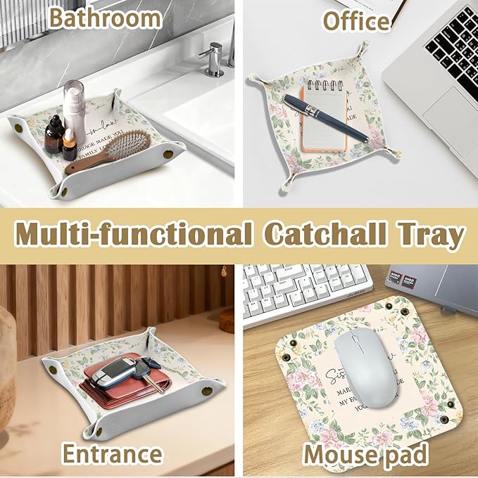 Sister in Law Gifts Jewelry Valet Tray for Women, Gifts for Sister in Law PU Leather Catchall Beside Caddy Nightstand Organizer Tray for Jewelry Rings Watches Keys and Accessories, 7.87x7.87in
