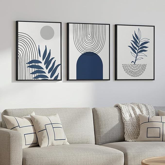 Framed Blue Boho Wall Art for Room Decor, 3 Piece Botanical Line Artwork for Walls, Mid Century Modern Blue Canvas Pictures Prints for Living Room Bedroom Hallway Office Apartment Wall Decor, 12x16 In