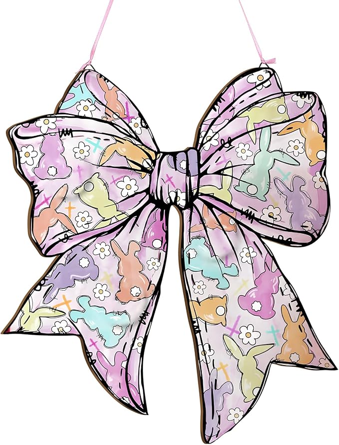 RattanView Cute Easter Bow Wooden Door Decor Colorful Bunny Hanger Sign Coquette Bow Wall Hanging Pastel Preppy Wall Art Bowknot Welcome Front Door Girly Decor for Room Indoor Outdoor Porch