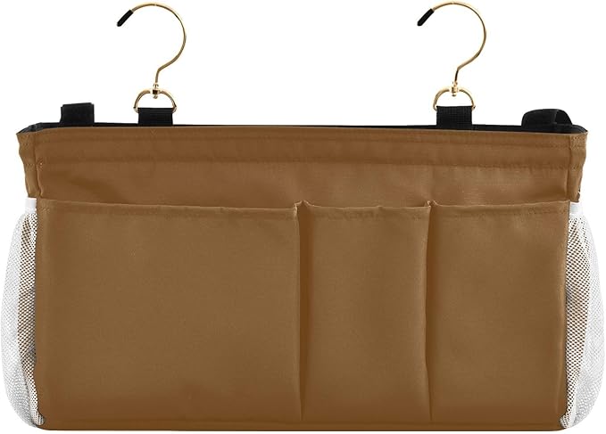 DOMIKING Brown Bedside Caddy for Dorm Bed Recliner Armrest Organizer with Hooks Haning Storage Bags for Rails Headboards Bunk Bed