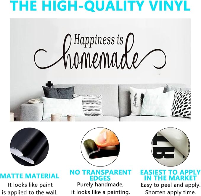 Family Wall Stickers for Living Room: Inspirational Home Quotes Vinyl Art Wall Decals for Kitchen Dining Room Bedroom Bathroom Apartment - Happiness is Homemade 35" X 9.8"