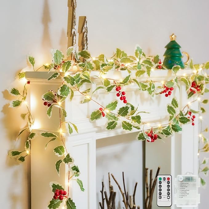 suddus 40 LED Christmas Fairy Lights Battery Powered,12.5ft Vine String Lights with Red Berries & Holly Leaf Timer Remote, Artificial Garlands for Fireplace, Bedroom,Porch,Door,Table,Stairs,Xmas Decor