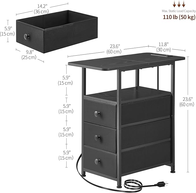 Narrow End Table with Charging Station, Narrow Side Table with 3 Fabric Drawers, Slim Nightstand with LED Light, Small Bedside Table with Storage, Living Room, Bedroom, Black HKET1303BK