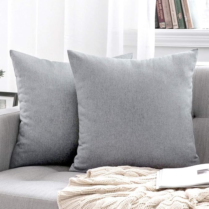 MIULEE Pack of 2 Decorative Outdoor Solid Waterproof Throw Pillow Covers Faux Linen Garden Farmhouse Cushion Cases for Patio Tent Balcony Couch Sofa 18x18 Inch Light Grey