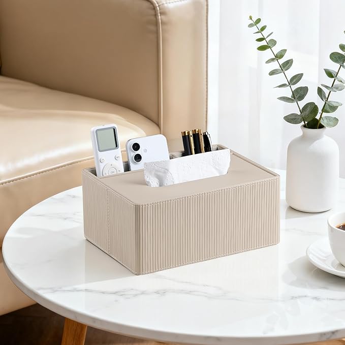 Tissue Box Cover Rectangle with 2 Compartments Remote Holder, PU Leather Tissue Box Holder Rectangle for Livingroom NightStand, Tissue Holder for 120(3-Ply)/160(2-Ply) Tissue Box (Beige)