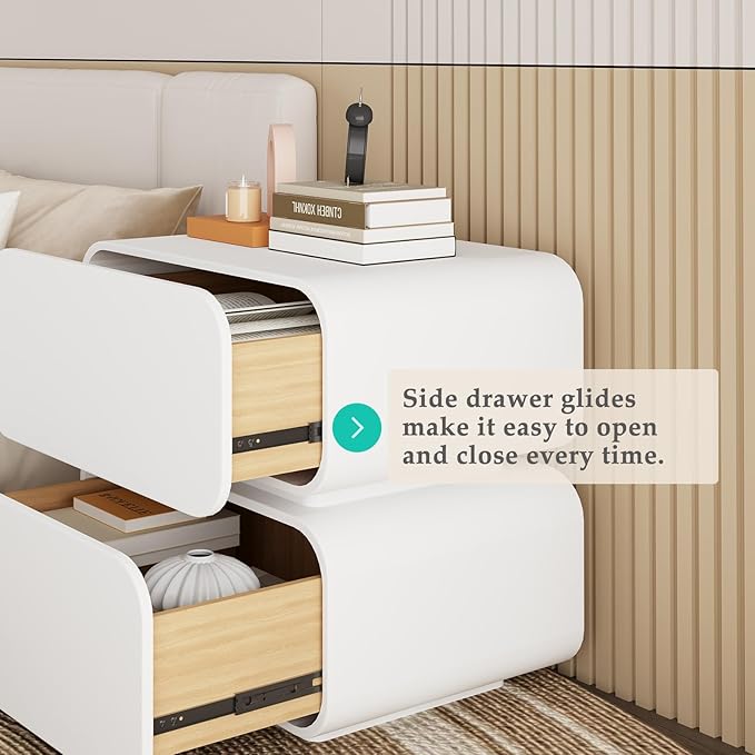Modern Nightstand with Storage, Small End Table with Upholstered Leather Finish, 2 Solid Wood Drawers for Bedroom Bedside Couch