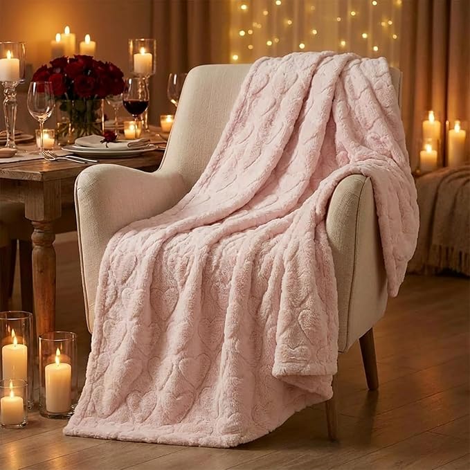 Horaldaily Valentine Blanket Throw, Pink Love Heart Soft Fuzzy Plush Faux Fur Cozy Blankets for Couch Sofa Bed Lounging, Ideal Gifts for Kids Adults Wife Self, 60x80