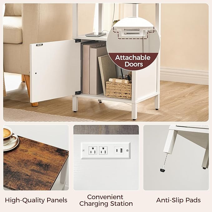 Set of 2 Farmhouse Nightstand with Charging Station, White Bedside Table with USB&Type-C Ports and Outlets, End Table with Storage, Night Stand for Bedroom, White and Rustic Brown