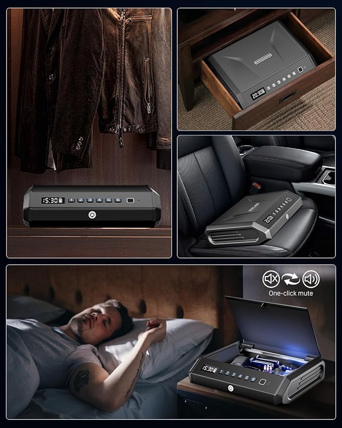 Large Biometric Gun Safe fits 4 pistols, 100 Sets of Fingerprint Handgun Safe with Internal Light & Silent Mode, Gun Lock Box for Home Bedroom Bedside Nightstand and Car, Rechargeable, TOPMEDA