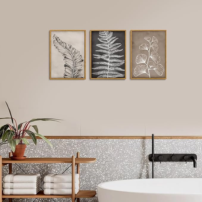 Wodkwq 3 Piece Black Beige Vintage Botanical Canvas Wall Art Framed,Modern Natural Leaves Wall Decor,Minimalist Floral Wall Painting, Abstract Leaf Art Print for Living Room,Bedroom,Office 16x24in