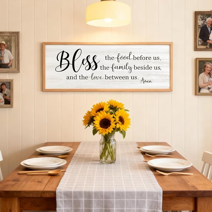 Bless the Food Before Us, the Family Beside Us, and the Love between us Framed Wall Art for Dining Room, 40''×15'' Holy Positive Religious Rustic Bible Verse for Christian God Jesus Christ Prayer