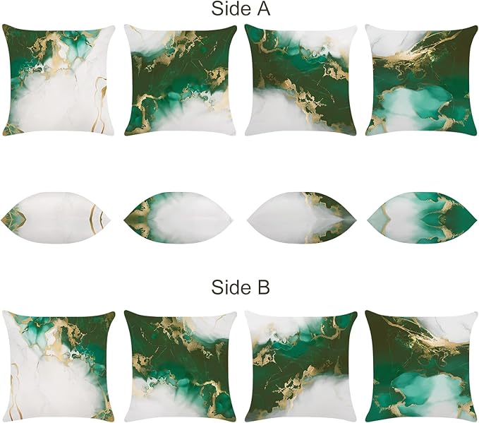 Bonhause Emerald Green Marble Throw Pillow Covers 18 x 18 Inch Both Sides Green and Gold Modern Abstract Decorative Pillows Soft Velvet Cushion Cases for Couch Sofa Bed Home Decor Set of 4