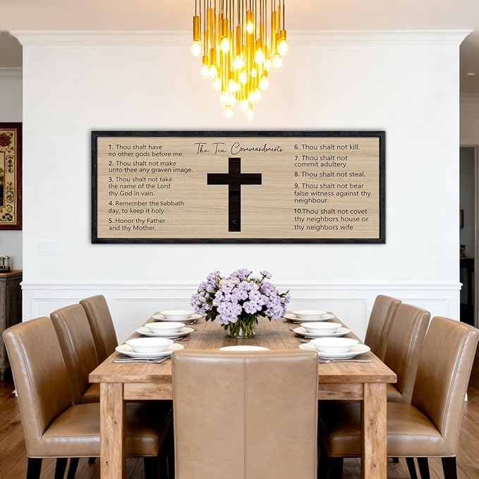 Ten Commandments Rustic Bible Verse Framed Wall Art 40" x 15" Black Religious Christian Slogan Representing God Jesus Christ Prayer Vintage Holy Inspirational Catholic Scripture Decor