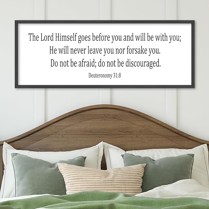 Christian Wall Decor The Lord Himself Will Go Before You He Will Be With You Deuteronomy 3:18 Sign 32"×12" Bible Verse Scripture Sign Large Rustic Wall Hanging Art (Black)