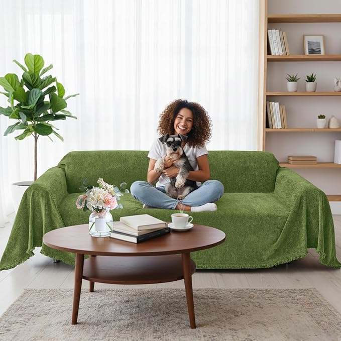 Smiry Couch Cover for Dogs, Washable Chenille Sofa Covers for 3 Cushion Couch, Soft Sofa Slipcover for Pets, Thick Sectional Furniture Protector with Tassels (Green, 71x118 Inch)